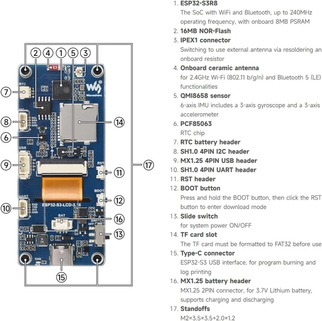 Alt view image 6 of 7 - Waveshare ESP32-S3 3.16inch Display Development Board, 320×820 Pixels, 262K Color, 32-bit LX7 Dual-core Processor, Up to 240MHz Frequency, WiFi & Bluetooth 5, Accelerometer and Gyroscope Sensor