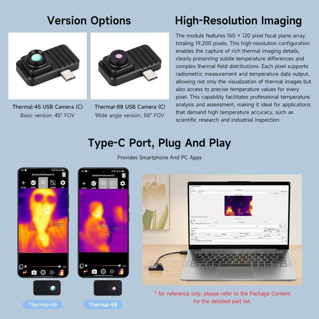 Alt view image 3 of 6 - Waveshare Smartphone Infrared Thermal Imaging Camera, Type-C Port, Plug-and-Play, 160×120 Pixels, 88° Field of View, with Aluminum Alloy Case