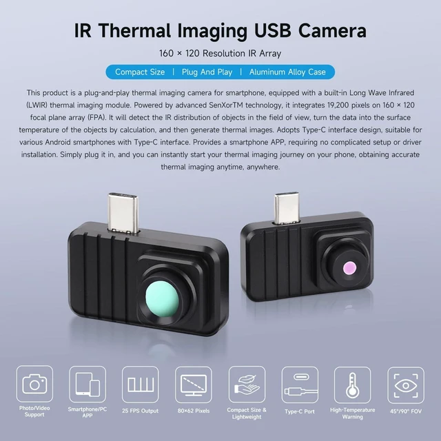 Alt view image 2 of 6 - Waveshare Smartphone Infrared Thermal Imaging Camera, Type-C Port, Plug-and-Play, 160×120 Pixels, 88° Field of View, with Aluminum Alloy Case