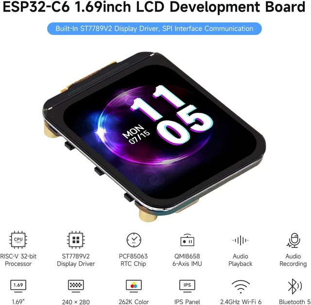 Alt view image 3 of 7 - Waveshare ESP32-C6 1.69inch LCD Development Board, 240×280 Pixels, Supports Wi-Fi 6 / BLE 5, 160MHz RISC-V Processor, AI Speech, ESP32 with Display, No Touch Function