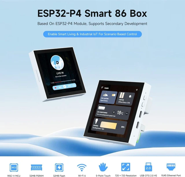 Alt view image 3 of 7 - Waveshare ESP32-P4-WIFI6-Touch-LCD-4B(Support External Camera), ESP32-P4 Smart 86 Box, Dual-Core & Single-Core RISC-V, with 4inch 720x720 Pixel 5Point Touch LCD (Without Ethernet Port, RS485, Relays)
