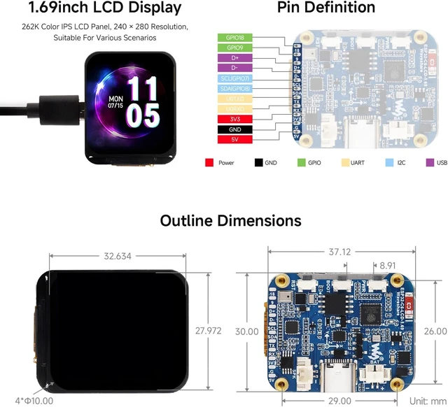 Alt view image 7 of 7 - Waveshare ESP32-C6 1.69inch LCD Development Board, 240×280 Pixels, Supports Wi-Fi 6 / BLE 5, 160MHz RISC-V Processor, AI Speech, ESP32 with Display, No Touch Function