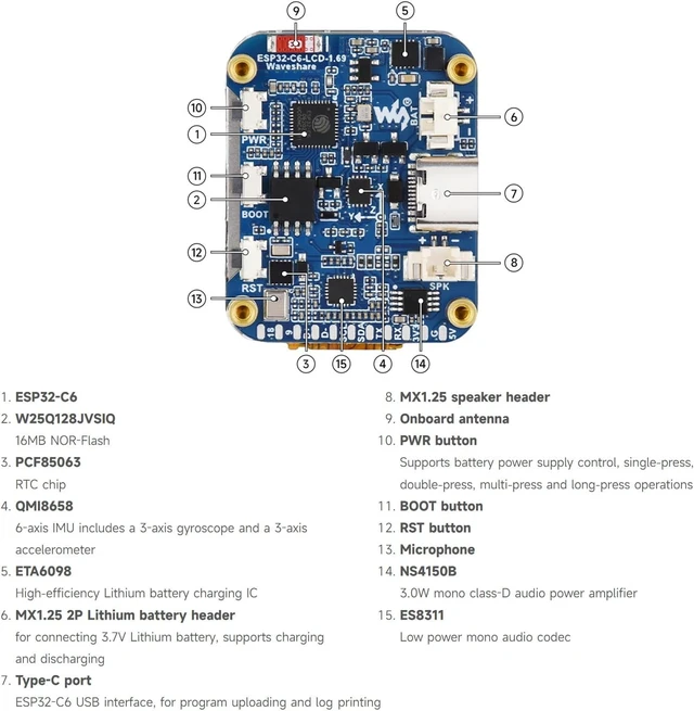 Alt view image 6 of 7 - Waveshare ESP32-C6 1.69inch LCD Development Board, 240×280 Pixels, Supports Wi-Fi 6 / BLE 5, 160MHz RISC-V Processor, AI Speech, ESP32 with Display, No Touch Function