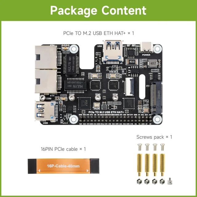 Alt view image 2 of 7 - Waveshare PCIe to USB 3.2 Gen1 / 2.5G ETH/M.2 NVMe Adapter, Compatible with Raspberry Pi 5, Supports NVMe Protocol M.2 Solid State Drive, Expands 2-ch USB 3.2 Ports and 2-ch Ethernet Ports, HAT +