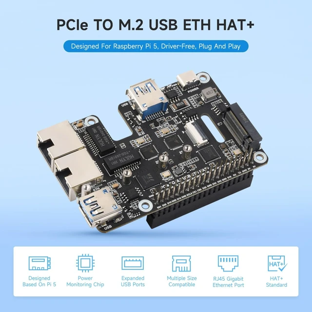 Alt view image 3 of 7 - Waveshare PCIe to USB 3.2 Gen1 / 2.5G ETH/M.2 NVMe Adapter, Compatible with Raspberry Pi 5, Supports NVMe Protocol M.2 Solid State Drive, Expands 2-ch USB 3.2 Ports and 2-ch Ethernet Ports, HAT +