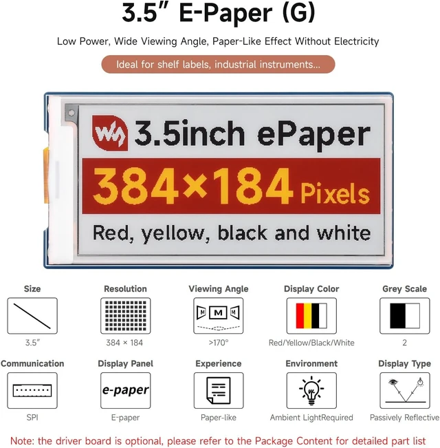 Alt view image 3 of 7 - Waveshare 3.5inch E-Paper Display (G), E-Ink Display, 384 × 184 Pixels, Red/Yellow/Black/White, SPI Interface, Raw E-Paper, Without Driver