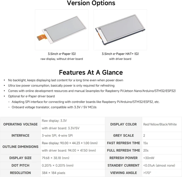 Alt view image 4 of 7 - Waveshare 3.5inch E-Paper Display (G), E-Ink Display, 384 × 184 Pixels, Red/Yellow/Black/White, SPI Interface, Raw E-Paper, Without Driver