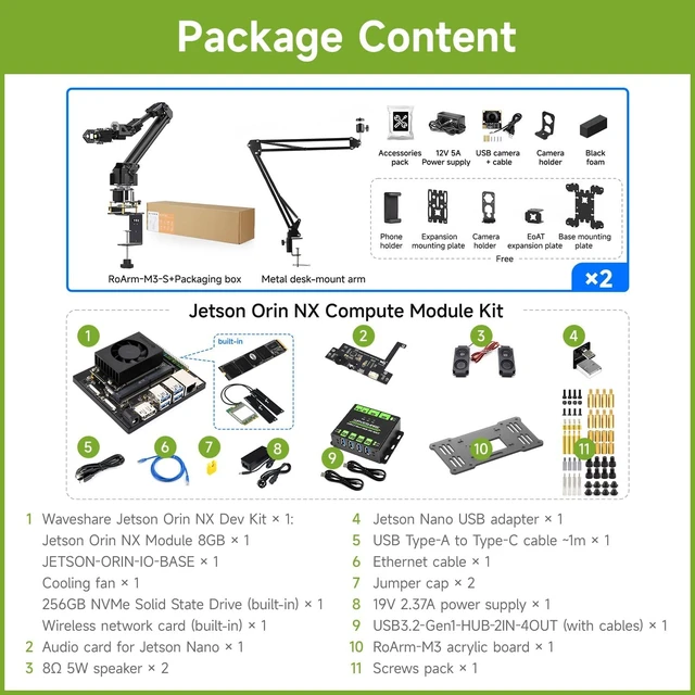 Alt view image 2 of 7 - Waveshare 5 + 1 DOF High-Torque Serial Bus Servo Dual Robotic Arm AI Kit, Supports Hugging Face LeRobot AI Robotic Project, ESP32, 2-DOF Wrist Joint, with Jetson Orin NX 8GB Kit
