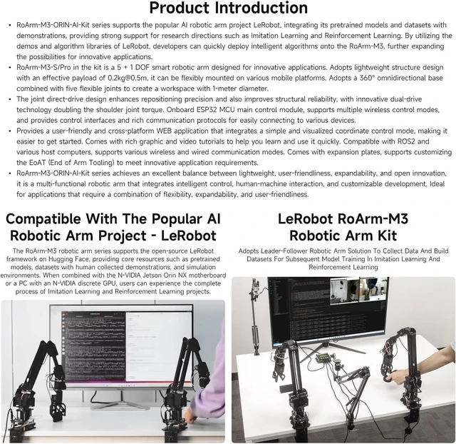 Alt view image 5 of 7 - Waveshare 5 + 1 DOF High-Torque Serial Bus Servo Dual Robotic Arm AI Kit, Supports Hugging Face LeRobot AI, ESP32, 2-DOF Wrist Joint, 5X All-Metal ST3235 Servos, with Jetson Orin NX 8GB Kit