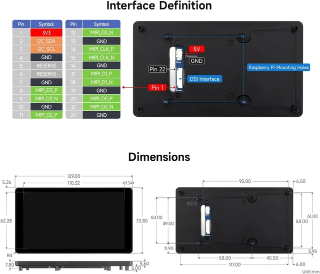 Alt view image 7 of 7 - Waveshare 5inch DSI Capacitive Touch Display, Compatible with Raspberry Pi 5/4B/3B+/3A+, 720 × 1280, IPS, Optical Bonding Toughened Glass Panel, DSI Interface, 5-Point Touch, Aluminum Alloy Case