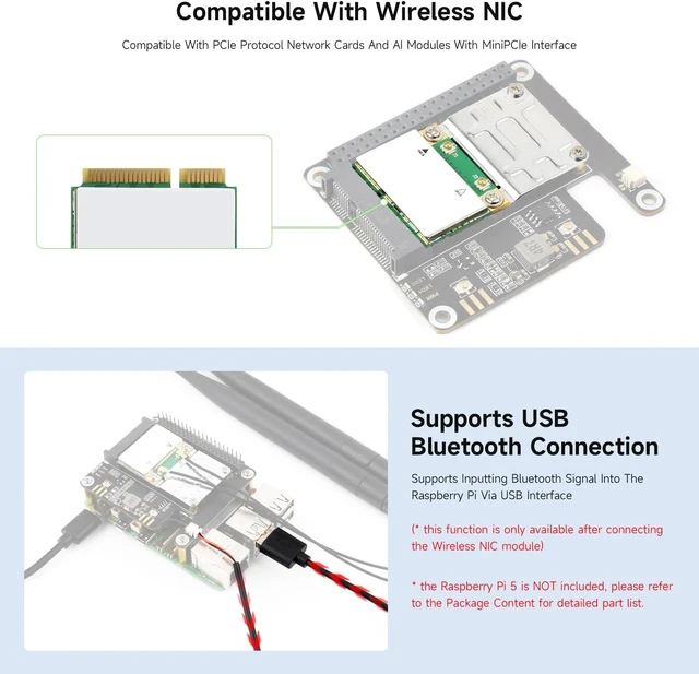 Alt view image 4 of 5 - Waveshare PCIe to MiniPCIe Adapter, Compatible with Raspberry Pi 5, Support MiniPCIe Wireless NIC, USB Bluetooth Connection, Driver-Free, Plug and Play, High-Speed Network Connection