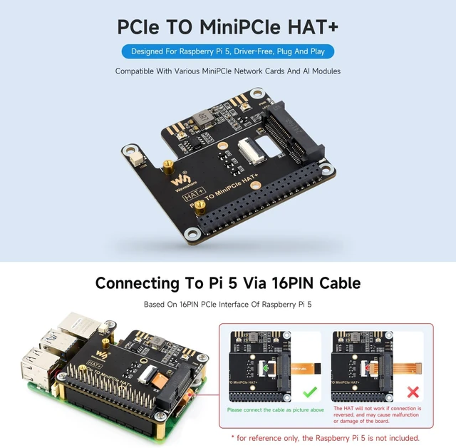 Alt view image 3 of 5 - Waveshare PCIe to MiniPCIe Adapter, Compatible with Raspberry Pi 5, Support MiniPCIe Wireless NIC, USB Bluetooth Connection, Driver-Free, Plug and Play, High-Speed Network Connection