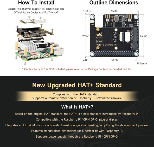 Alt view image 5 of 5 - Waveshare PCIe to MiniPCIe Adapter, Compatible with Raspberry Pi 5, Support MiniPCIe Wireless NIC, USB Bluetooth Connection, Driver-Free, Plug and Play, High-Speed Network Connection