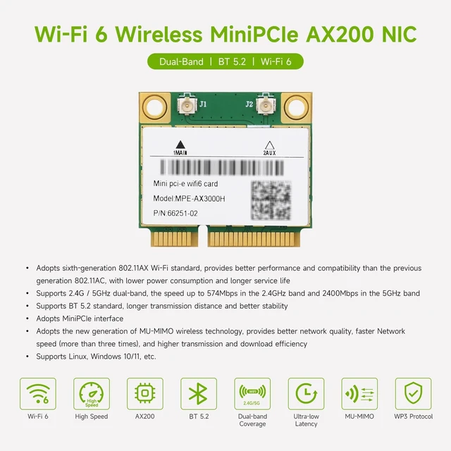 Alt view image 3 of 7 - Waveshare Wireless MINIPCIE AX200 NIC, Compatible with Linux, Windows 10/11, Giga-bit Dual-Band Wi-Fi 6, 802.11AX Standard, Bluetooth 5.2