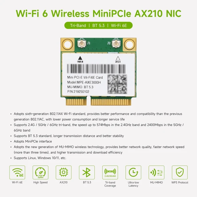 Alt view image 3 of 7 - Waveshare Wireless MINIPCIE AX210 NIC, Compatible with Linux, Windows 10/11, Giga-bit Tri-Band Wi-Fi 6E, 802.11AX Standard, Bluetooth 5.3