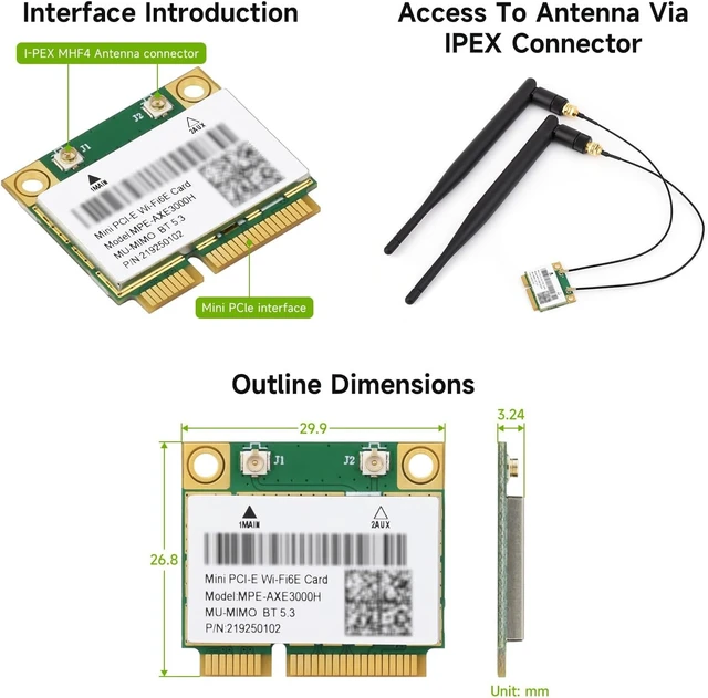 Alt view image 7 of 7 - Waveshare Wireless MINIPCIE AX210 NIC, Compatible with Linux, Windows 10/11, Giga-bit Tri-Band Wi-Fi 6E, 802.11AX Standard, Bluetooth 5.3