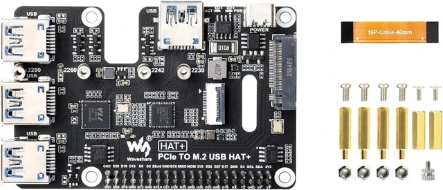 Main image of Waveshare PCIe to USB 3.2 Gen1 & M.2 HAT, Compatible with Raspberry Pi 5, Supports NVMe Protocol Solid State Drive, Expands 4-Ch USB 3.2 Ports, High-Speed Reading/Writing, HAT+ Standard