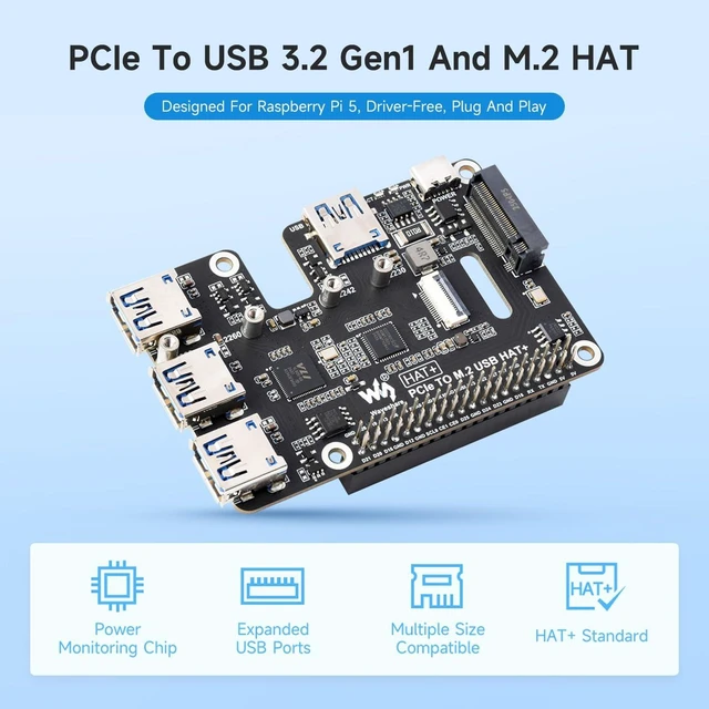 Alt view image 3 of 7 - Waveshare PCIe to USB 3.2 Gen1 & M.2 HAT, Compatible with Raspberry Pi 5, Supports NVMe Protocol Solid State Drive, Expands 4-Ch USB 3.2 Ports, High-Speed Reading/Writing, HAT+ Standard