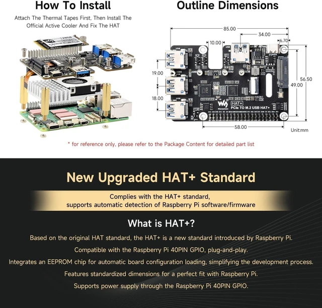 Alt view image 7 of 7 - Waveshare PCIe to USB 3.2 Gen1 & M.2 HAT, Compatible with Raspberry Pi 5, Supports NVMe Protocol Solid State Drive, Expands 4-Ch USB 3.2 Ports, High-Speed Reading/Writing, HAT+ Standard