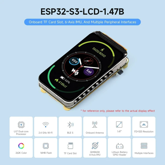 Alt view image 3 of 6 - Waveshare ESP32-S3 1.47inch LCD Display Development Board, 172×320 Resolution, 262K Display Color, Supports 2.4GHz Wi-Fi/BLE 5, 240MHz LX7 Dual-core Processor, ESP32 with Display