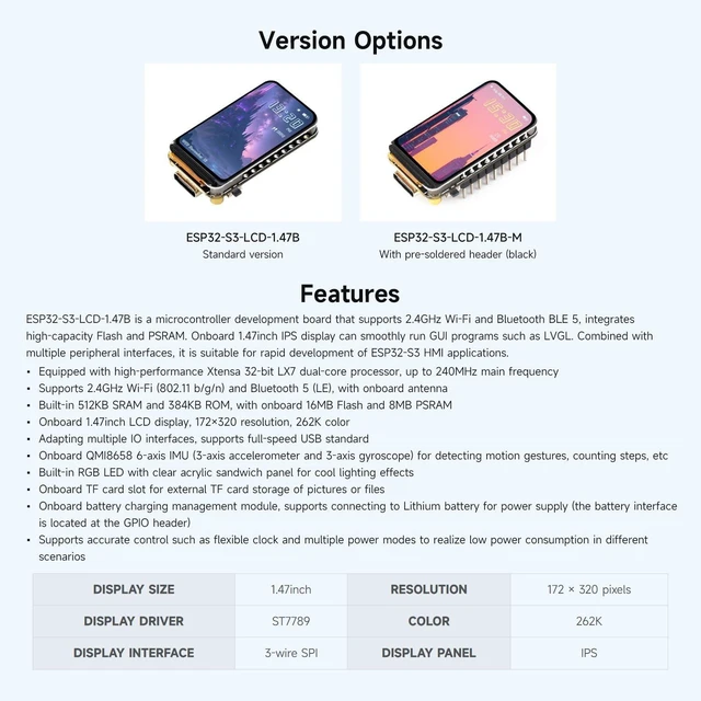 Alt view image 4 of 6 - Waveshare ESP32-S3 1.47inch LCD Display Development Board, 172×320 Resolution, 262K Display Color, Supports 2.4GHz Wi-Fi/BLE 5, 240MHz LX7 Dual-core Processor, ESP32 with Display