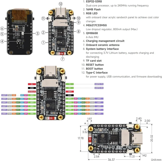 Alt view image 6 of 6 - Waveshare ESP32-S3 1.47inch LCD Display Development Board, 172×320 Resolution, 262K Display Color, Supports 2.4GHz Wi-Fi/BLE 5, 240MHz LX7 Dual-core Processor, ESP32 with Display