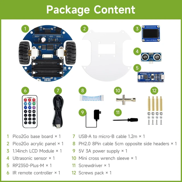 Alt view image 2 of 7 - Waveshare Pico2Go Mobile Robot, Compatible with Raspberry Pi Pico Series Board, Based On RP2350-Plus, Self Driving, Remote Control, Includes RP2350-Plus Control Board