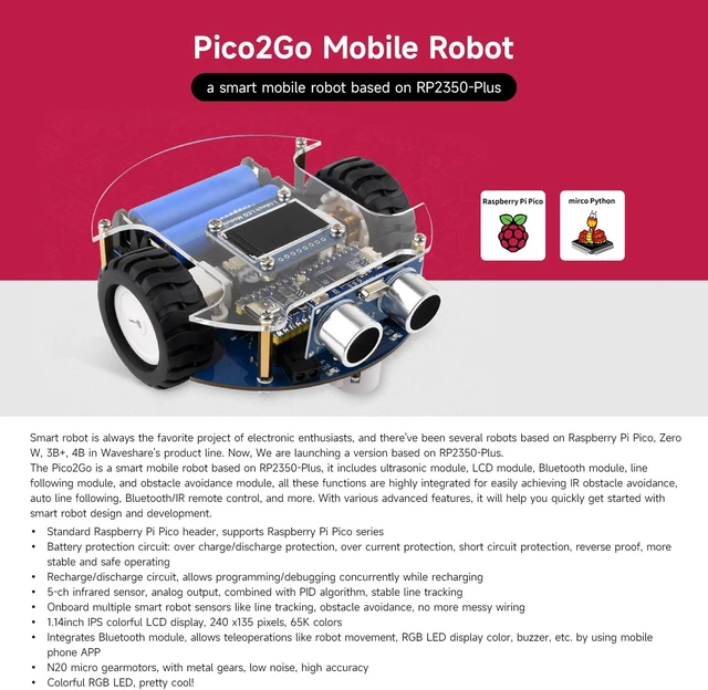 Alt view image 3 of 7 - Waveshare Pico2Go Mobile Robot, Compatible with Raspberry Pi Pico Series Board, Based On RP2350-Plus, Self Driving, Remote Control, Includes RP2350-Plus Control Board