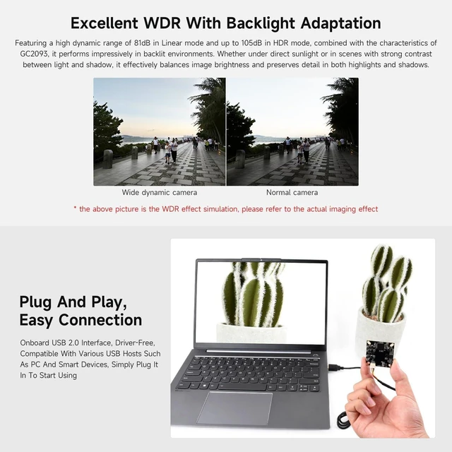 Alt view image 5 of 5 - Waveshare GC2093 2MP USB Camera Module, Wide Dynamic Backlight Imaging, Fixed-Focus, Onboard Microphone, Adopts GC2093 Sensor Chip, USB 2.0 Interface