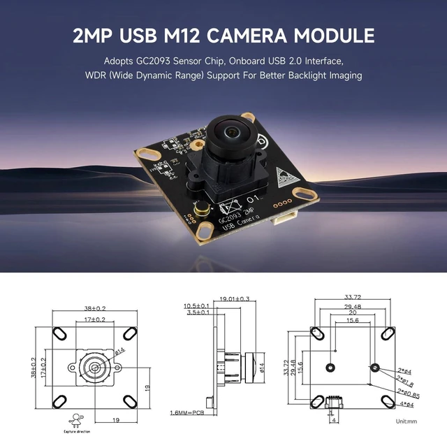 Alt view image 3 of 5 - Waveshare GC2093 2MP USB Camera Module, Wide Dynamic Backlight Imaging, Fixed-Focus, Onboard Microphone, Adopts GC2093 Sensor Chip, USB 2.0 Interface