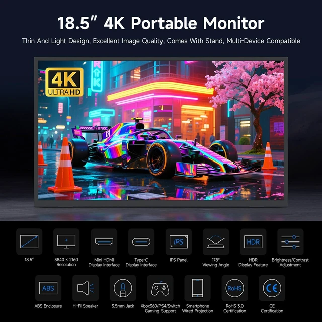 Alt view image 3 of 7 - Wavesahre Luckfox 18.5inch 4K Portable Monitor with Stand, Compatible with Raspberry Pi OS/Ubuntu/Kali/WIN10 loT, 3840 × 2160, 60Hz Refresh Rate, 178° Viewing Angle, IPS Screen, No Touch
