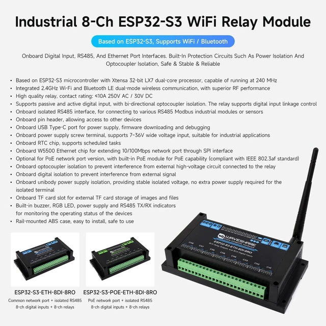 Alt view image 3 of 7 - Industrial 8-Channel ESP32-S3 WiFi Relay Module, Onboard Isolated RS485 Interface, Built-in Xtensa 32-bit LX7 Dual-core Processor, Up to 240MHz, with Multiple Isolation Protection Circuits