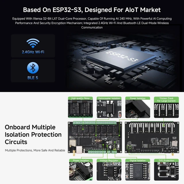 Alt view image 5 of 7 - Industrial 8-Channel ESP32-S3 WiFi Relay Module, Onboard Isolated RS485 Interface, Built-in Xtensa 32-bit LX7 Dual-core Processor, Up to 240MHz, with Multiple Isolation Protection Circuits