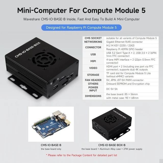 Alt view image 3 of 7 - waveshare Mini Base Board, Mini-WaComputer Designed for Raspberry Pi Compute Module 5 (NOT Included), Onboard EEPROM and Encryption Chip, Including Metal Case and Power Supply