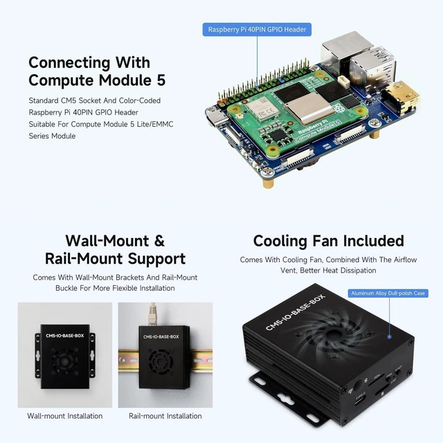 Alt view image 4 of 7 - Waveshare Mini Base Board, Mini-WaComputer Designed for Raspberry Pi Compute Module 5 (NOT Included), Including Metal Case and Power Supply