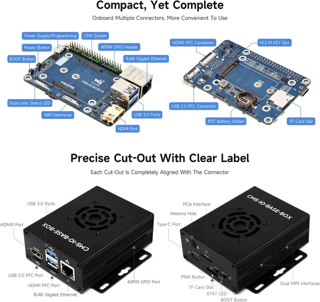 Alt view image 5 of 7 - waveshare Mini Base Board, Mini-WaComputer Designed for Raspberry Pi Compute Module 5 (NOT Included), Onboard EEPROM and Encryption Chip, Including Metal Case and Power Supply