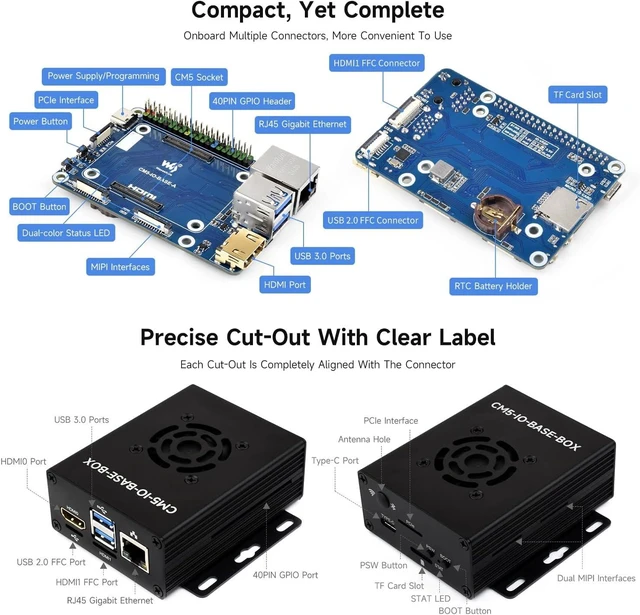 Alt view image 5 of 7 - Waveshare Mini Base Board, Mini-WaComputer Designed for Raspberry Pi Compute Module 5 (NOT Included), Including Metal Case and Power Supply