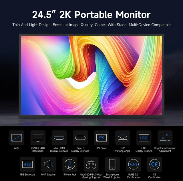Alt view image 3 of 7 - Waveshare Luckfox 24.5inch 2K Portable Monitor with Stand, 2560 × 1440, 165Hz High Refresh Rate, 178° Viewing Angle, IPS Screen, Full-Featured Type-C Interface, No Touch