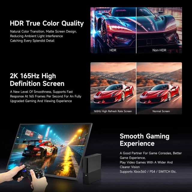 Alt view image 6 of 7 - Waveshare Luckfox 24.5inch 2K Portable Monitor with Stand, 2560 × 1440, 165Hz High Refresh Rate, 178° Viewing Angle, IPS Screen, Full-Featured Type-C Interface, No Touch