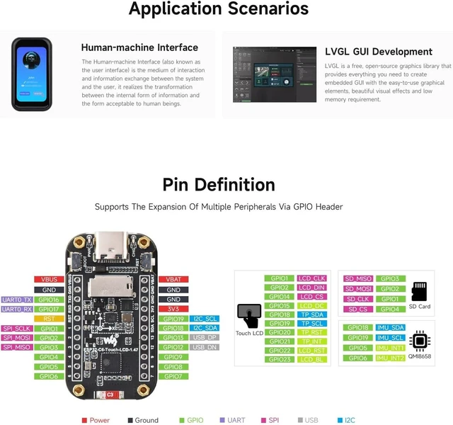 Alt view image 6 of 7 - Waveshare ESP32-C6 1.47inch Touch Display Development Board, 172×320 Resolution, 262K Display Color, Supports Wi-Fi 6 / BLE 5, 160MHz RISC-V Processor