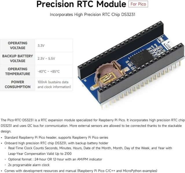 Alt view image 2 of 4 - Waveshare Precision RTC Module, Compatible with Raspberry Pi Pico, Real-Time Clock Module with DS3231 Chip, I2C Interface, Stackable Design, Dual Programmable Alarms