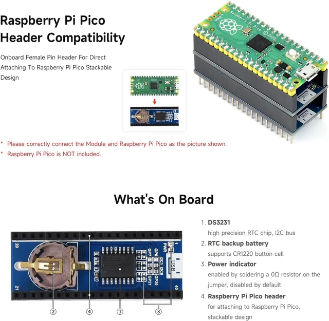 Alt view image 3 of 4 - Waveshare Precision RTC Module, Compatible with Raspberry Pi Pico, Real-Time Clock Module with DS3231 Chip, I2C Interface, Stackable Design, Dual Programmable Alarms