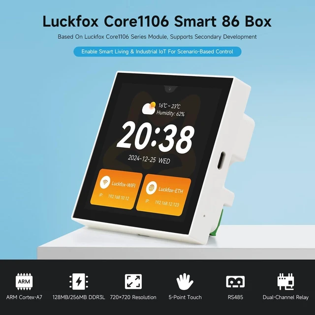 Alt view image 3 of 7 - Waveshare Luckfox Core1106 Smart 86 Box Development Board, RV1106G2, 0.5/1TOPS, 128MB/256MB DDR3L, ARM Cortex-A7 32-bit, Onboard 4inch 720 × 720 Pixel Touch Display, RS485 Interface, Without Wireless