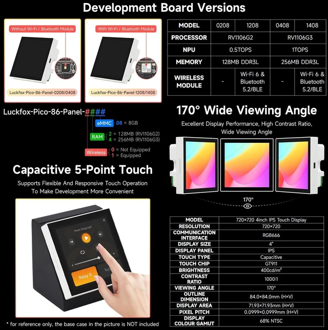 Alt view image 4 of 7 - Waveshare Luckfox Core1106 Smart 86 Box Development Board, RV1106G2, 0.5/1TOPS, 128MB/256MB DDR3L, ARM Cortex-A7 32-bit, Onboard 4inch 720 × 720 Pixel Touch Display, RS485 Interface, Without Wireless