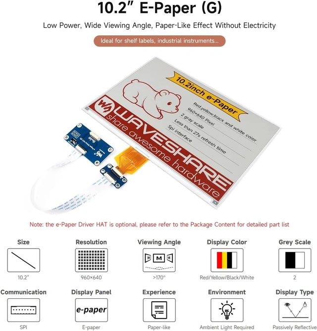 Alt view image 3 of 7 - waveshare 10.2inch e-Paper Display (G), e-Ink Display, 960x640, Red/Yellow/Black/White, SPI Interface, Without Driver Board, Raw Display Only