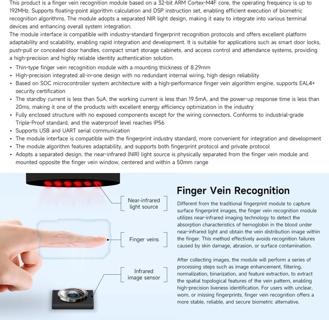 Alt view image 4 of 7 - Waveshare Thin-Type Finger Vein Recognition Module (B), Built-in Cortex Core, USB Drive-Free Adaptability, UART Communication Interface, Finger Vein Liveness Detection
