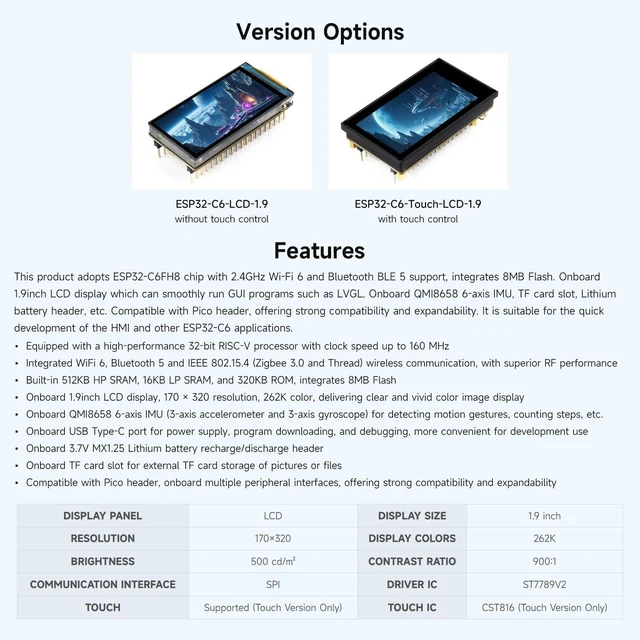 Alt view image 4 of 7 - Waveshare ESP32-C6 1.9inch Display Development Board, 170×320 Pixels, 262K Colors, 160MHz RISC-V Single-core Processor, WiFi 6 & Bluetooth, 90° Rotation Support, with Touch Function