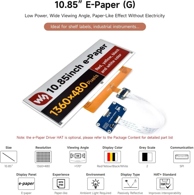 Alt view image 3 of 7 - waveshare 10.85inch e-Paper Display, e-Ink Display, 1360x480, Red/Yellow/Black/White, SPI Interface, E-Paper Only, Without Driver Board