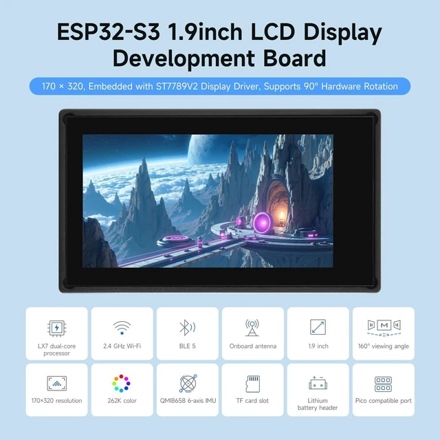 Alt view image 3 of 7 - Waveshare ESP32-S3 1.9inch Display Development Board, 170×320 Pixels, 262K Color, 32-bit LX7 Dual-core,32-bit LX7 Dual-core, Up to 240MHz, 90° Rotation Support, ESP32 with Display Integration