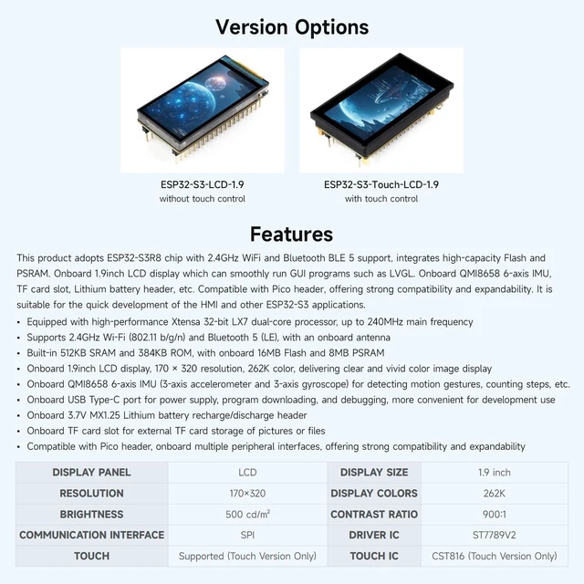 Alt view image 4 of 7 - Waveshare ESP32-S3 1.9inch Display Development Board, 170×320 Pixels, 262K Color, 32-bit LX7 Dual-core,32-bit LX7 Dual-core, Up to 240MHz, 90° Rotation Support, ESP32 with Display Integration